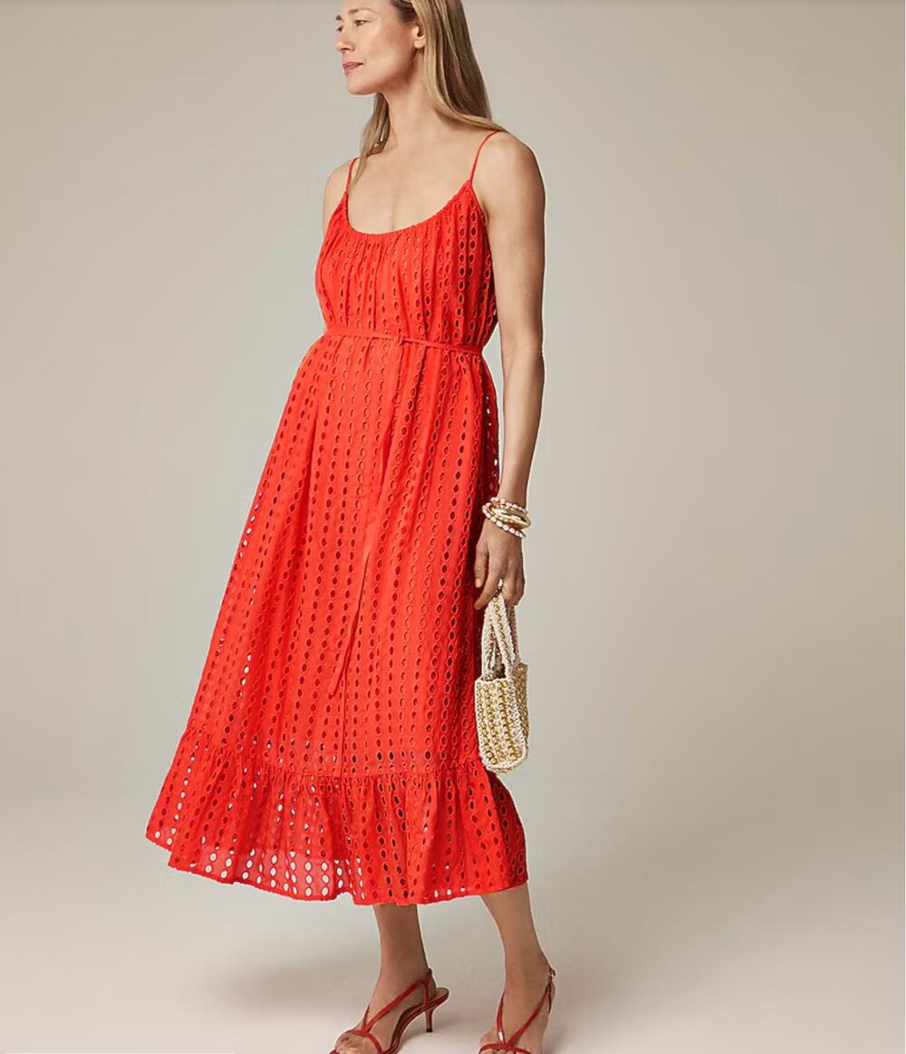 J Crew Oval Eyelet Midi Dress Large Flaming Coral Flaw